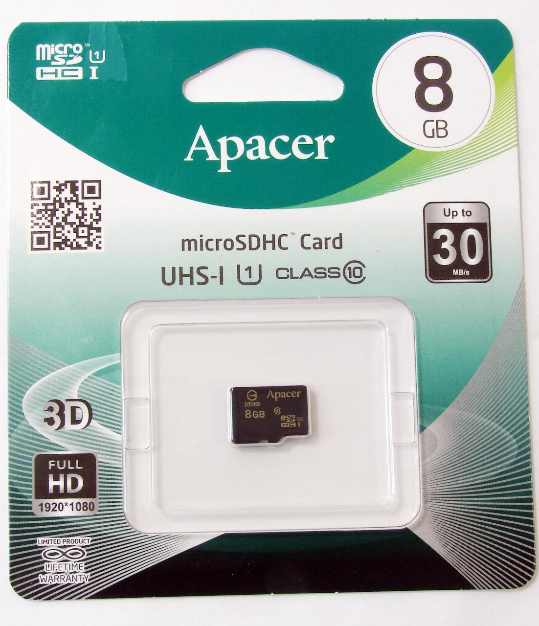 Карта памяти APACER 8GB MICRO SDHC CLASS 10 без адаптера AP8GMCSH10U1-RA