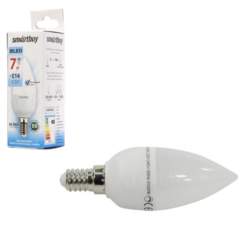 Лампа Smart Buy Светодиодная C37 7w 6000/E14 Миньон холодный