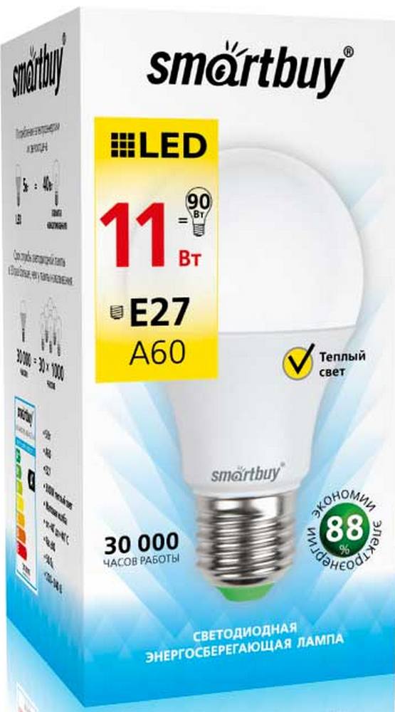 Лампа Smart Buy Светодиодная A60 11w 3000/E27 "ГРУША"теплый свет