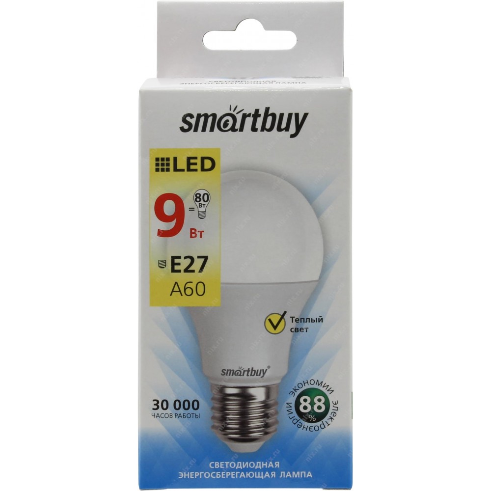 Лампа Smart Buy Светодиодная A60 9w 3000/E27 "ГРУША"теплый свет