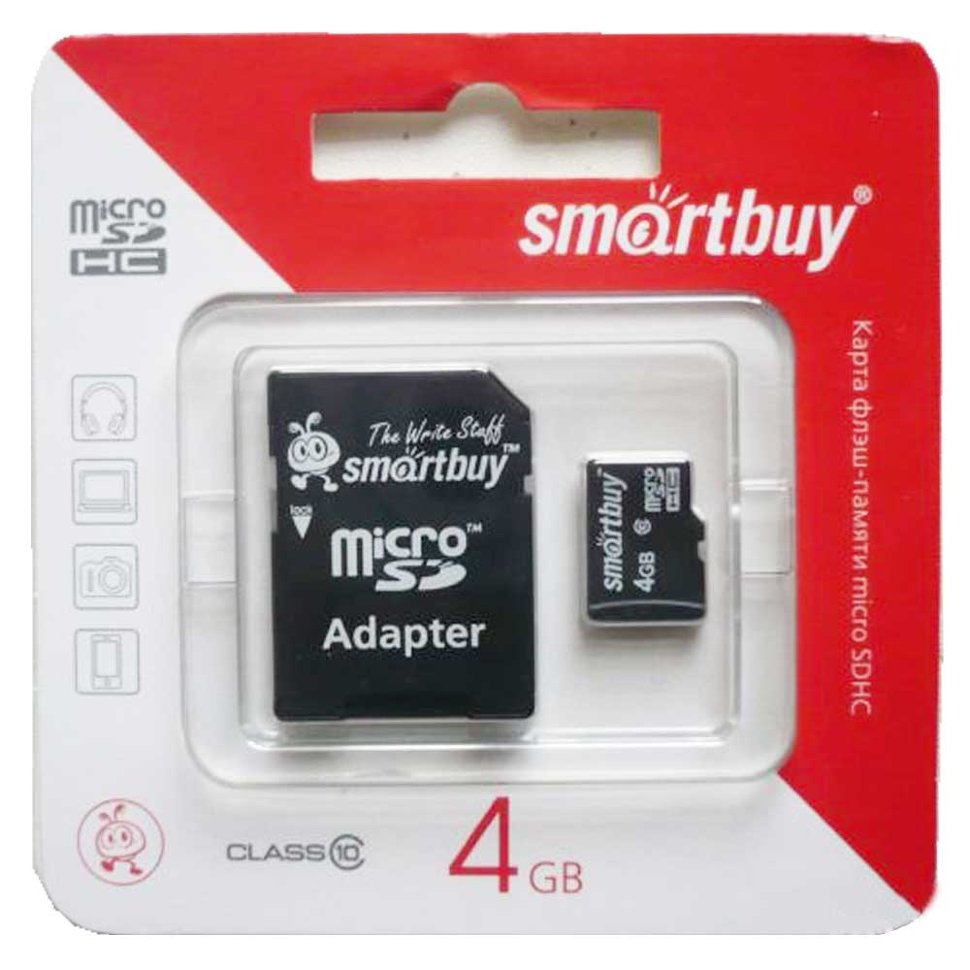 Карта памяти Smart Buy  4GB MICRO SDHC CLASS 10 plus adapter SB4GBSDCL10-01