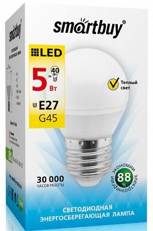 Лампа Smart Buy Светодиодная G45 5W 3000/E27 "ШАРИК" теплый свет