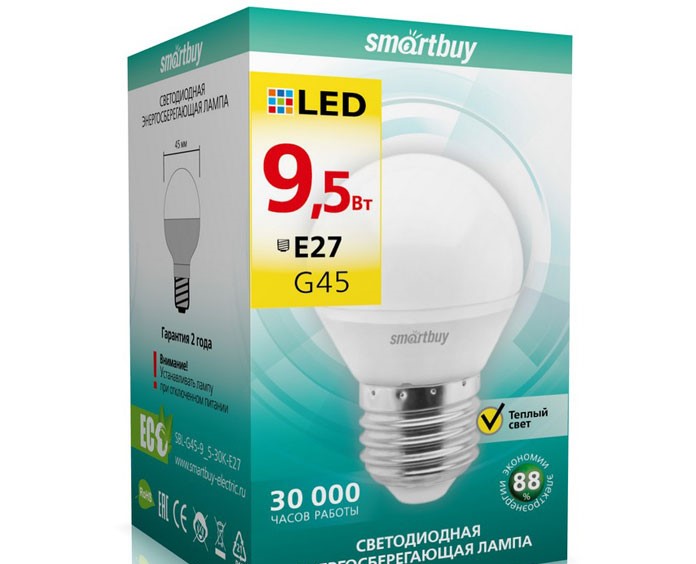 Лампа Smart Buy Светодиодная G45 9,5W 3000/E27 "ШАРИК" теплый свет